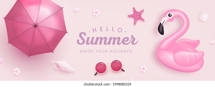 Vector summer poster or banner with realistic umbrella, sunglasses, swimming ring, seashells and flowers on pink background