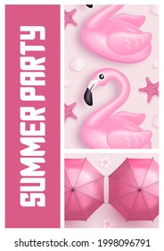 Vector summer poster or banner with realistic swimming ring, umbrella and seashells on pink background