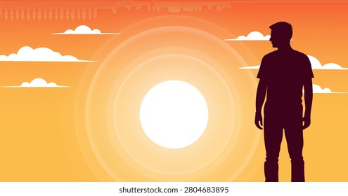 Vector summer poster. Dark silhouette of standing man. Bright sultry yellow sunny sky with white cartoon clouds. Shining sun. Banner. Travel to hot southern countries. Skyscape