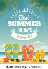 Vector summer poster with summer elements. Best summer holidays banner with lettering and flip flops. 