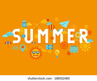 Vector summer poster in flat style - icons and signs with type - vacation and travel concept