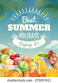 Vector Summer Poster With Summer Food Elements. Best Summer Holidays Banner With Ice Cream And Juice.  