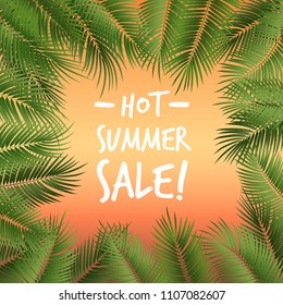Vector summer poster framed with green palm leaves on sunset colored background.