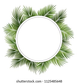 Vector summer poster framed with green palm leaves on white background.