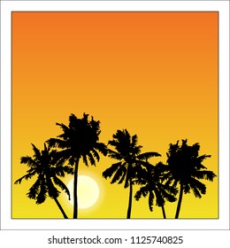 Vector summer poster framed with red and orange palm trees on white background.