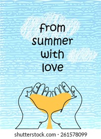 vector summer poster with hands holding heart of sand