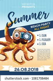 Vector summer poster with happy orange octopus with camera.