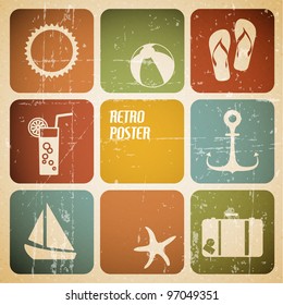 Afiche de verano vectorial hecho de iconos - versión de color retro