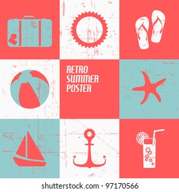 Vector summer poster made from icons - retro blue and red version