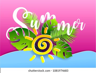 Vector summer poster. Paper cut style.