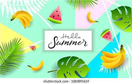 Vector summer poster. Paper cut style. Hello summer.