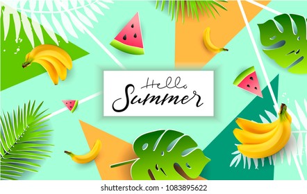 Vector summer poster. Paper cut style. Hello summer.