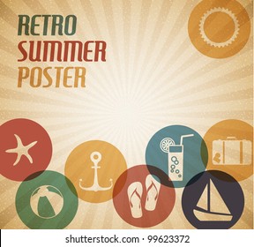 Vector summer poster with the sun and summer icons