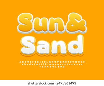 Vector summer poster Sun and Sand. Cute White and Yellow Font.  Artistic Alphabet Letters and Numbers set.