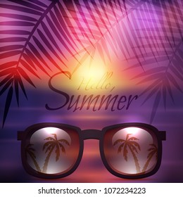 Vector summer poster with sunglasses, palms and calligraphy. Sunset beach background.