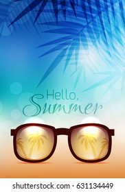 Vector summer poster with sunglasses, palms and calligraphy. Beach background.