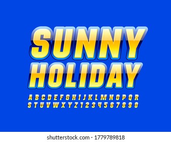 Afiche veraniego vectorial Sunny Holiday Glossy Blue and Yellow Font. Letras y números de alfabeto de moda