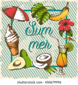 Vector summer poster with tropical fruits, ice cream, sun umbrella, cocktail palm leaves and hibiscus. Vintage set of hand-drawn
