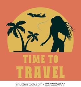 Vektorsommer-Poster im Vintage-Stil Silhouette von exotischen Palmen, Mädchen mit fliegenden Haaren und Spuren aus dem Flugzeug, Retro-Banner mit Text Zeit zu reisen in den 70er-Jahren Stil