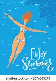 Afiche vectorial de verano con una joven mujer sexy nadando en una piscina. 