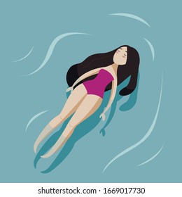 Afiche vectorial de verano con una joven mujer sexy nadando en una piscina.