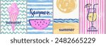 Vector summer posters with grunge textures. Summer striped and wavy patterns with ice cream, watermelon cut, cocktail, sun, beach, sea waves. Abstract background for party invitation, poster.