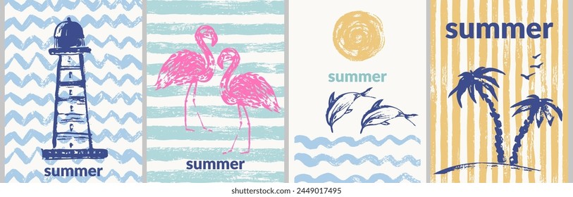 Vektorgrafik Sommerplakate mit Grunge-Texturen. Sommer gestreift und gewellt Muster mit Leuchtturm, Flamingo, Delfine, Palmen, Sonne, Meereswellen. Abstrakter Hintergrund für Partyeinladung, Poster, Sale.