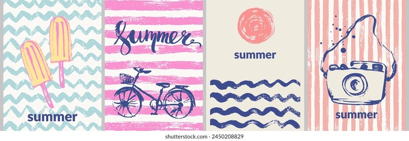 Vector summer posters with grunge textures. Summer striped and wavy patterns with popsicle, ice cream, bike, camera, bar, sun, sea waves. Abstract background for party invitation, poster, sale flyer.