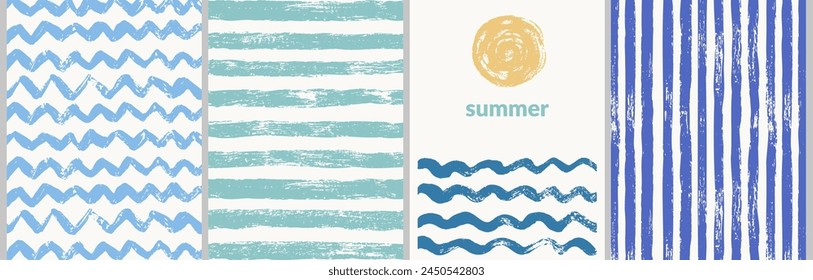 Vector summer posters with grunge textures. Summer striped and wavy patterns, sun, beach. Abstract background for party invitation, poster, sale flyer, banner.