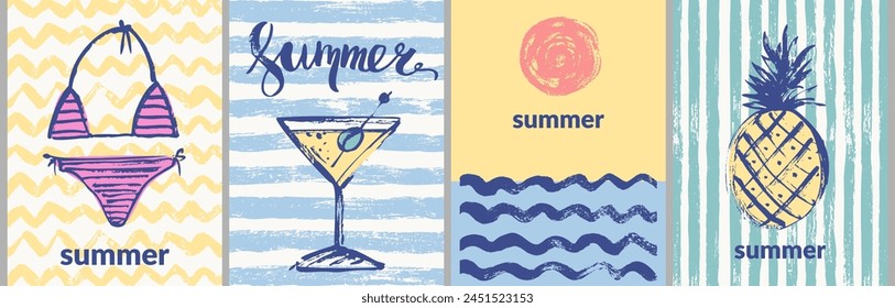 Afiches de verano de Vector con texturas grunge. Patrones a rayas y ondulados de verano con traje de baño, cóctel, piña, sol, olas del mar. Fondo Abstractas para la invitación de la fiesta, cartel, folleto de venta, Anuncio.