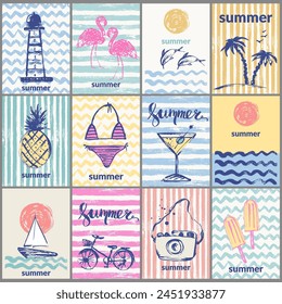 Vector summer posters with grunge textures. Summer striped and wavy patterns with swimsuit, cocktail, pineapple, popsicle, flamingo, dolphins, lighthouse, sun, sea waves.