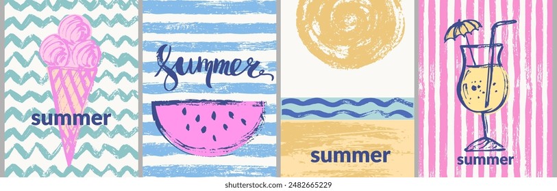 Vector summer posters with grunge textures. Summer striped and wavy patterns with ice cream, watermelon cut, cocktail, sun, beach, sea waves. Abstract background for party invitation, poster.