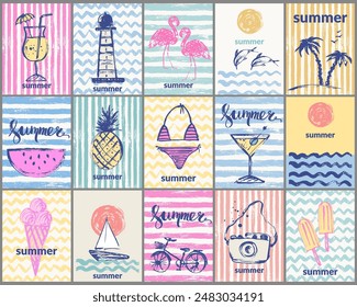 Vector summer posters with grunge textures. Summer striped and wavy patterns with swimsuit, cocktail, lighthouse, dolphin, flamingo, boat, pineapple, sun, sea waves.