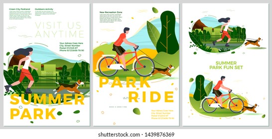 Vector summer posters set - bike riding activities. Forests, trees and hills on background. Print template with place for your text.