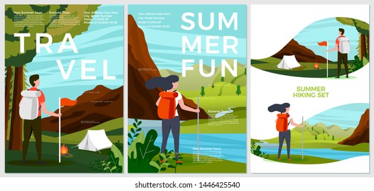 Vector summer posters set - tourist people with backpack, forest and river campsite, mountains, trees and hills on background. Print template with place for your text.