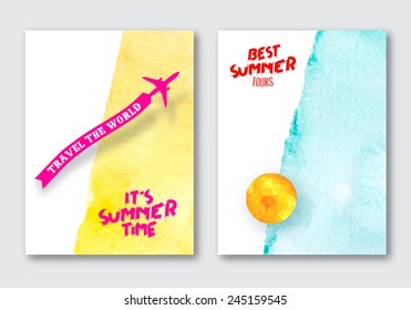 Vector summer posters template set. Hand drawn Watercolor stain background. Abstract background for travel card, brochure, banner, web design. 