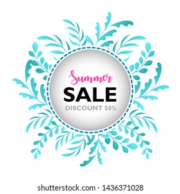 The vector of summer posters with tropical leaves and text is sold summer in a frame and white background. Banner design templates.