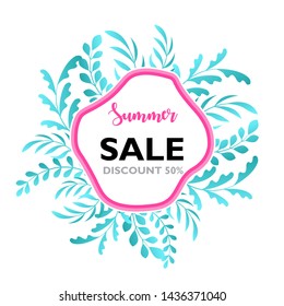 The vector of summer posters with tropical leaves and text is sold summer in a frame and white background. Banner design templates.