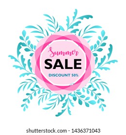The vector of summer posters with tropical leaves and text is sold summer in a frame and white background. Banner design templates.