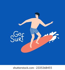 Vector summer print with a man surfing and "go surf" lettering on a blue background