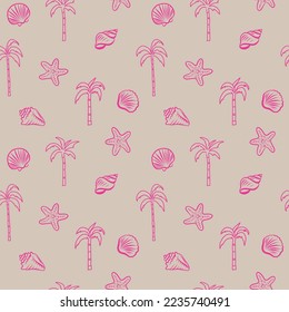 
Vector summer print. Seamless trendy pattern. Pink palms, seashells on a beige background.