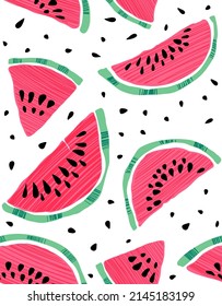 Impresión veraniega vectorial con sandías. Jugosas tintas de sandía roja sobre un fondo blanco. Patrón sin foco.