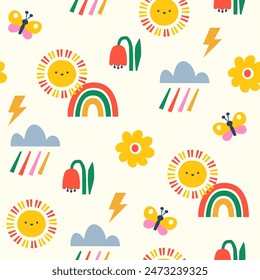 Vector summer rain seamless pattern cartoon hand drawn sun, rainbow, cloud and flowers for kids textile, packaging, wrapping paper, wallpaper.