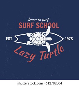 Vector Summer retro badge. Surfing concept for shirt or logo, print, stamp, tee. Board, lazy turtle, hawaii