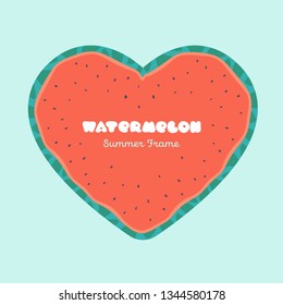 Vector summer romantic layout. Heart shaped red and green watermelon slice with seeds. Fruit frame on blue background. Design for summer date poster, flyer, card, menu.