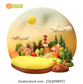 Vector summer rural farm landscape. Countryside nature. Wheat fields, windmill, silos, barn, farm buildings, house. Summer fruits and vegetables harvest