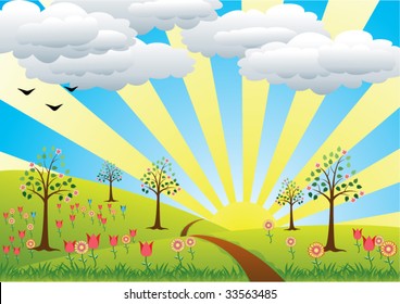 vector summer rural landscape with clouds, flowers, trees and yellow sun rays