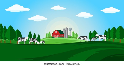 Vector summer rural landscape with farm, cows and calves.