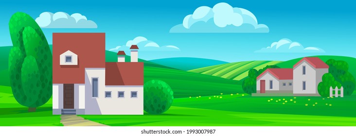Landschaftliche Landschaft im Vektorsommer. Grüne Felder und blauer Himmel.