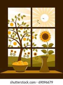 vector summer rural landscape outside window